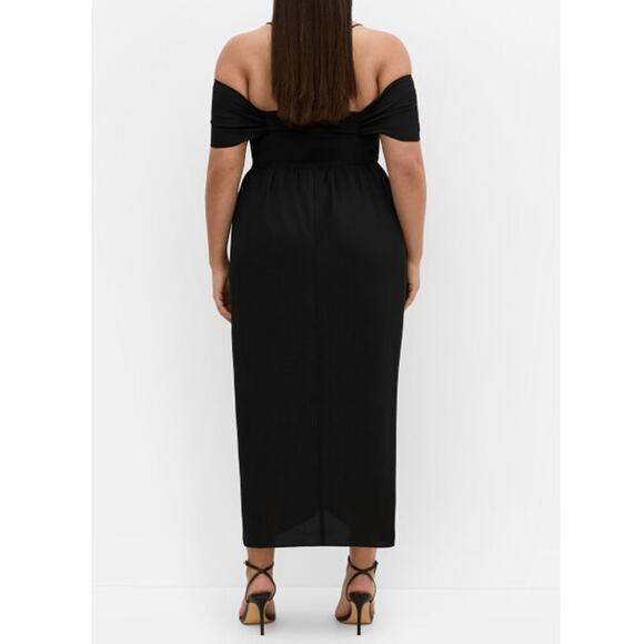City Chic Entwine Tulip Drape Maxi Dress Black Off The Shoulder V-Neck Slit Gown - Picture 3 of 9